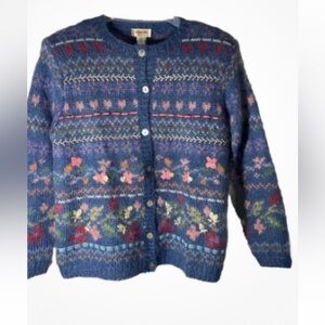 HANDKNIT Talbots Fair IsleMohair Cardigan 3/4 sleeves Pastel Ribbon & Appliqué M